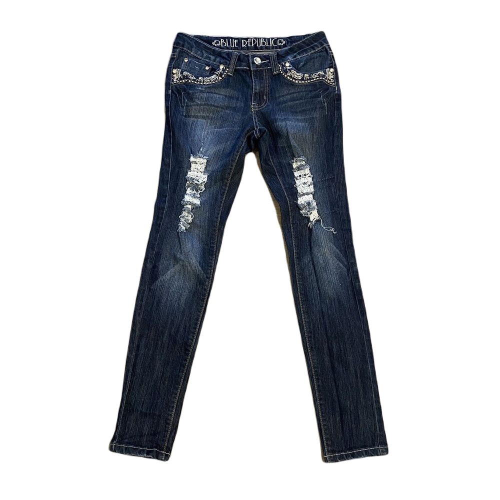Blue Republic Skinny Denim Jeans ~ Sz 5 ~ Blue ~ Mid Rise ~ Distressed ~ Bling